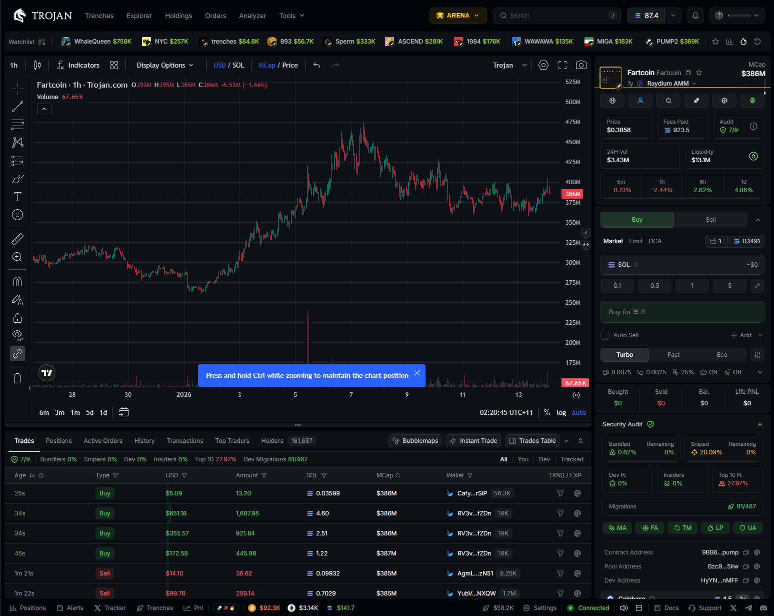 Trojan Solana memecoin trading dashboard with live charts and order panel